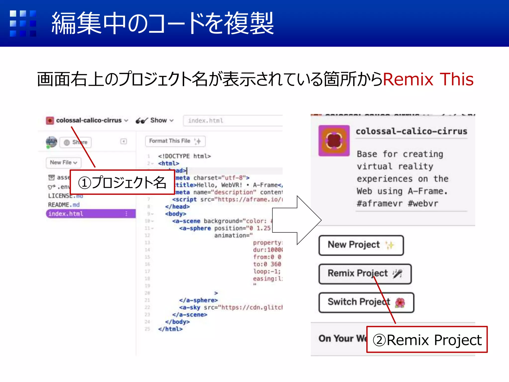 編集中のコードを複製
画面右上のプロジェクト名が表示されている箇所からRemix This
①プロジェクト名
②Remix Project
 