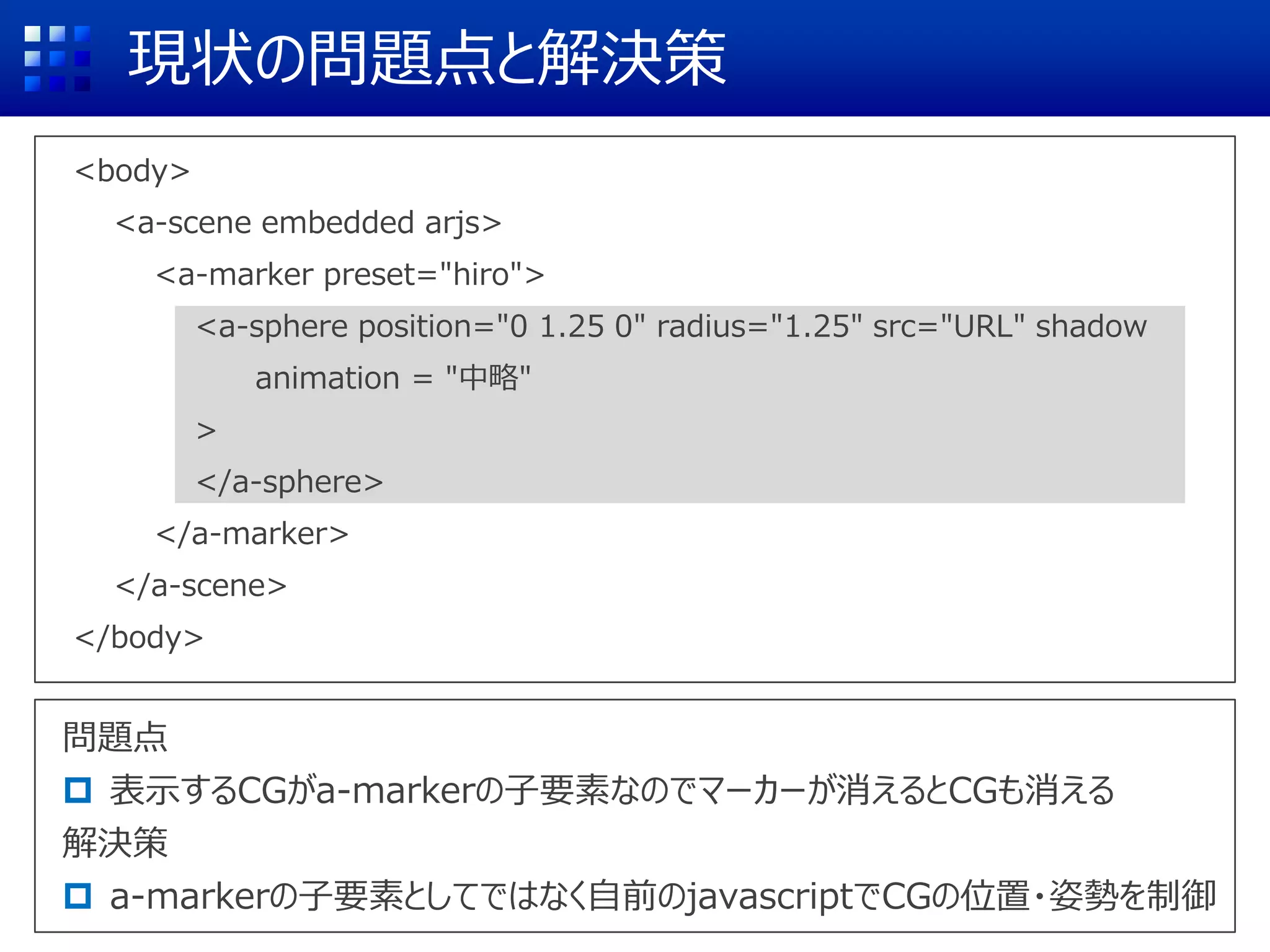 現状の問題点と解決策
<body>
<a-scene embedded arjs>
<a-marker preset="hiro">
<a-sphere position="0 1.25 0" radius="1.25" src="URL" shadow
animation = "中略"
>
</a-sphere>
</a-marker>
</a-scene>
</body>
問題点
 表示するCGがa-markerの子要素なのでマーカーが消えるとCGも消える
解決策
 a-markerの子要素としてではなく自前のjavascriptでCGの位置・姿勢を制御
 