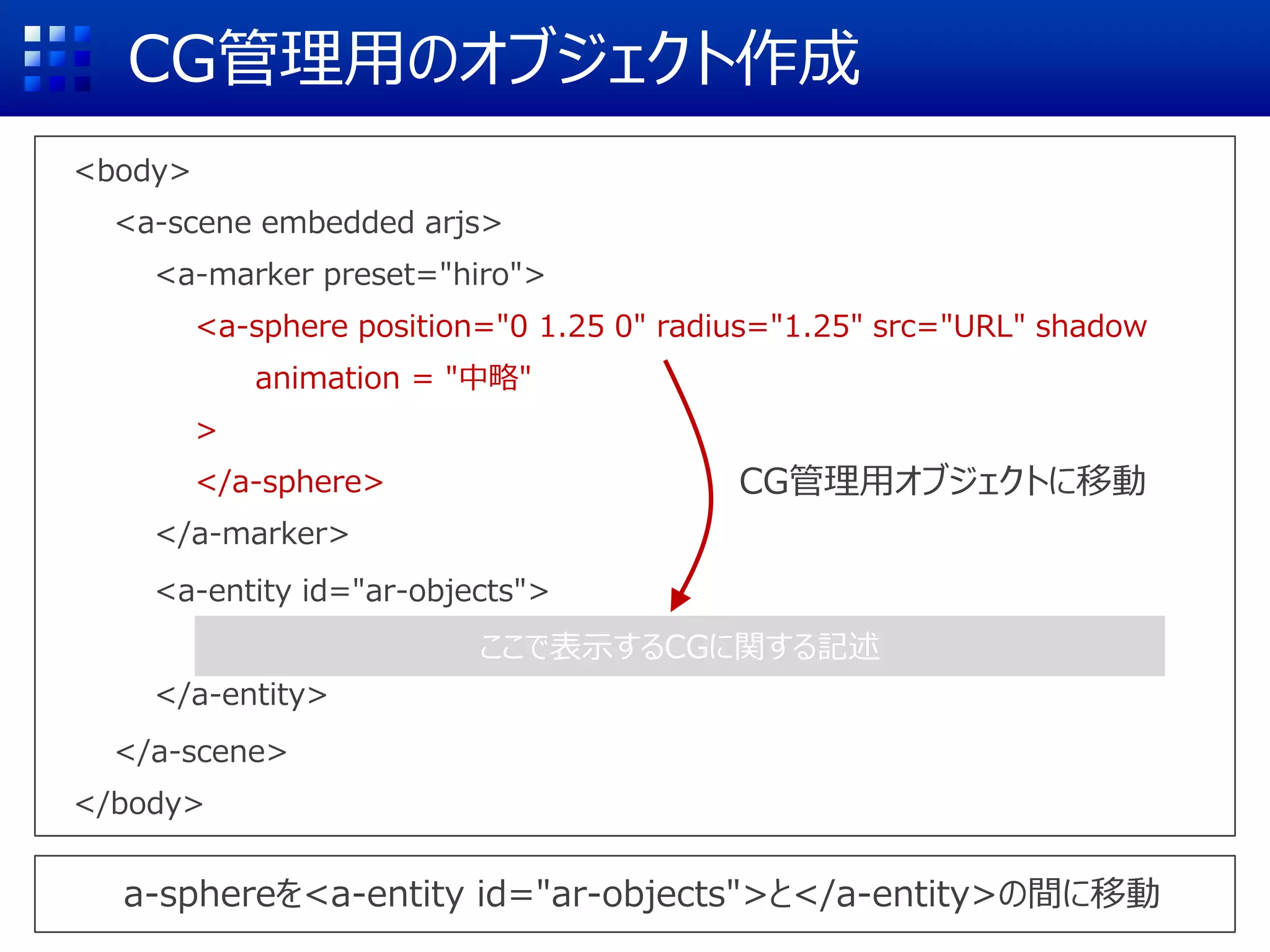 CG管理用のオブジェクト作成
<body>
<a-scene embedded arjs>
<a-marker preset="hiro">
<a-sphere position="0 1.25 0" radius="1.25" src="URL" shadow
animation = "中略"
>
</a-sphere>
</a-marker>
<a-entity id="ar-objects">
</a-entity>
</a-scene>
</body>
ここで表示するCGに関する記述
a-sphereを<a-entity id="ar-objects">と</a-entity>の間に移動
CG管理用オブジェクトに移動
 