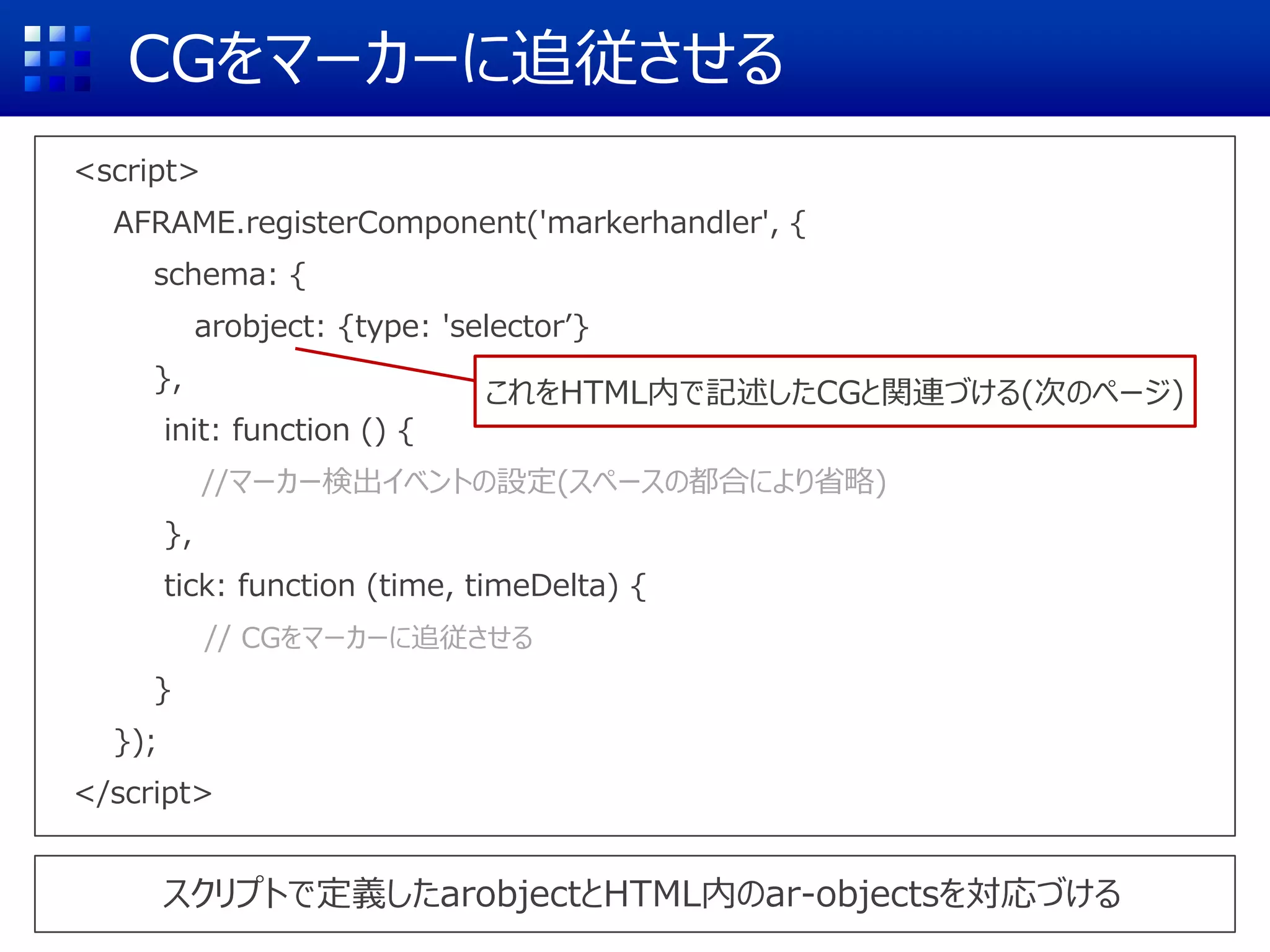 CGをマーカーに追従させる
<script>
AFRAME.registerComponent('markerhandler', {
schema: {
arobject: {type: 'selector’}
},
init: function () {
//マーカー検出イベントの設定(スペースの都合により省略)
},
tick: function (time, timeDelta) {
// CGをマーカーに追従させる
}
});
</script>
スクリプトで定義したarobjectとHTML内のar-objectsを対応づける
これをHTML内で記述したCGと関連づける(次のページ)
 