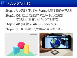 ハンズオン手順
Step1: サンプルを使ってA-Frameの基本操作を覚える
Step2: CG見た目の調整やアニメーションの設定
などを行い簡易VRコンテンツを作成
Step3: AR.jsを使ってARコンテンツを作成
Step4: マーカー認識On/Off時の表示切り替え
 