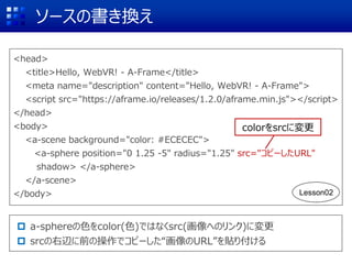 ソースの書き換え
<head>
<title>Hello, WebVR! - A-Frame</title>
<meta name="description" content="Hello, WebVR! - A-Frame">
<script src="https://aframe.io/releases/1.2.0/aframe.min.js"></script>
</head>
<body>
<a-scene background="color: #ECECEC">
<a-sphere position="0 1.25 -5" radius="1.25" src="コピーしたURL"
shadow> </a-sphere>
</a-scene>
</body>
 a-sphereの色をcolor(色)ではなくsrc(画像へのリンク)に変更
 srcの右辺に前の操作でコピーした“画像のURL”を貼り付ける
colorをsrcに変更
Lesson02
 