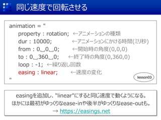 同じ速度で回転させる
animation = "
property : rotation; ←アニメーションの種類
dur : 10000; ←アニメーションにかける時間(ミリ秒)
from : 0␣0␣0; ←開始時の角度(0,0,0)
to : 0␣360␣0; ←終了時の角度(0,360,0)
loop : -1; ←繰り返し回数
easing : linear; ←速度の変化
"
easingを追加し、"linear"にすると同じ速度で動くようになる。
ほかには最初がゆっくりなease-inや後半がゆっくりなease-outも。
→ https://easings.net
lesson03
 
