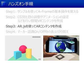 ハンズオン手順
Step1: サンプルを使ってA-Frameの基本操作を覚える
Step2: CG見た目の調整やアニメーションの設定
などを行い簡易VRコンテンツを作成
Step3: AR.jsを使ってARコンテンツを作成
Step4: マーカー認識On/Off時の表示切り替え
 