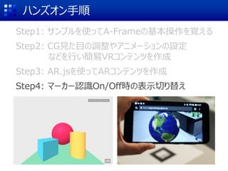 ハンズオン手順
Step1: サンプルを使ってA-Frameの基本操作を覚える
Step2: CG見た目の調整やアニメーションの設定
などを行い簡易VRコンテンツを作成
Step3: AR.jsを使ってARコンテンツを作成
Step4: マーカー認識On/Off時の表示切り替え
 