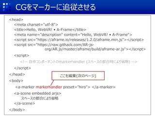 CGをマーカーに追従させる
<head>
<meta charset="utf-8">
<title>Hello, WebVR! • A-Frame</title>
<meta name="description" content="Hello, WebVR! • A-Frame">
<script src="https://aframe.io/releases/1.2.0/aframe.min.js"></script>
<script src="https://raw.githack.com/AR-js-
org/AR.js/master/aframe/build/aframe-ar.js"></script>
<script>
<!-- 自作コンポーネントのmarkerhandler (スペースの都合時により省略) -->
</script>
</head>
<body>
<a-marker markerhandler preset="hiro"> </a-marker>
<a-scene embedded arjs>
スペースの都合により省略
</a-scene>
</body>
ここを編集(次のページ)
 