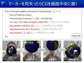 マーカーを見失ったらCGを画面中央に置く
this.el.sceneEl.addEventListener('markerLost', () => {
this.isTracking=false;
console.log("tracking:"+ this. isTracking);
var obj =this.data.arobject.object3D; //ARオブジェクトを取得
obj.position.set(0,0,-6); //z=-6 (画面置く方向に配置)
obj.quaternion.set ( 0,0,0,1); //姿勢を初期状態に戻す
obj.rotateX ( 3.14/2 ) ; //90度回転させて調整
});
ロスト
位置(0,0,-6)
傾いたまま
初期姿勢
初期姿勢
90度回転
向きの調整
lesson15
 