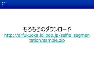 もろもろのダウンロード
http://arfukuoka.lolipop.jp/selfie_segmen
tation/sample.zip
 