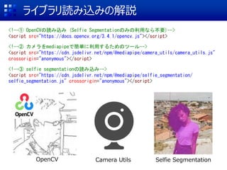 ライブラリ読み込みの解説
<!--① OpenCVの読み込み (Selfie Segmentationのみの利用なら不要)-->
<script src="https://docs.opencv.org/3.4.1/opencv.js"></script>
<!--② カメラをmediapipeで簡単に利用するためのツール-->
<script src="https://cdn.jsdelivr.net/npm/@mediapipe/camera_utils/camera_utils.js"
crossorigin="anonymous"></script>
<!--③ selfie segmentationの読み込み-->
<script src="https://cdn.jsdelivr.net/npm/@mediapipe/selfie_segmentation/
selfie_segmentation.js" crossorigin="anonymous"></script>
OpenCV Camera Utils Selfie Segmentation
 