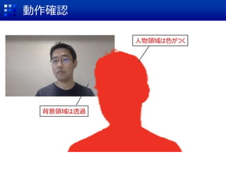 動作確認
人物領域は色がつく
背景領域は透過
 