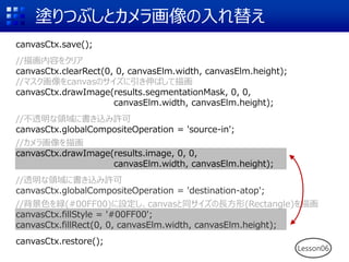 塗りつぶしとカメラ画像の入れ替え
Lesson06
canvasCtx.save();
//描画内容をクリア
canvasCtx.clearRect(0, 0, canvasElm.width, canvasElm.height);
//マスク画像をcanvasのサイズに引き伸ばして描画
canvasCtx.drawImage(results.segmentationMask, 0, 0,
canvasElm.width, canvasElm.height);
//不透明な領域に書き込み許可
canvasCtx.globalCompositeOperation = 'source-in';
//カメラ画像を描画
canvasCtx.drawImage(results.image, 0, 0,
canvasElm.width, canvasElm.height);
//透明な領域に書き込み許可
canvasCtx.globalCompositeOperation = 'destination-atop';
//背景色を緑(#00FF00)に設定し、canvasと同サイズの長方形(Rectangle)を描画
canvasCtx.fillStyle = '#00FF00';
canvasCtx.fillRect(0, 0, canvasElm.width, canvasElm.height);
canvasCtx.restore();
 