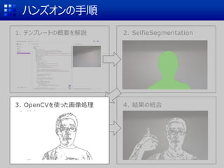 ハンズオンの手順
1. テンプレートの概要を解説 2. SelfieSegmentation
4. 結果の統合
3. OpenCVを使った画像処理
 