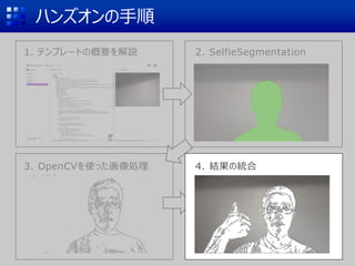 ハンズオンの手順
1. テンプレートの概要を解説 2. SelfieSegmentation
3. OpenCVを使った画像処理 4. 結果の統合
 