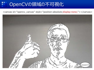 OpenCVの領域の不可視化
<canvas id="opencv_canvas" style="position:absolute;display:none;"></canvas>
Lesson15
 