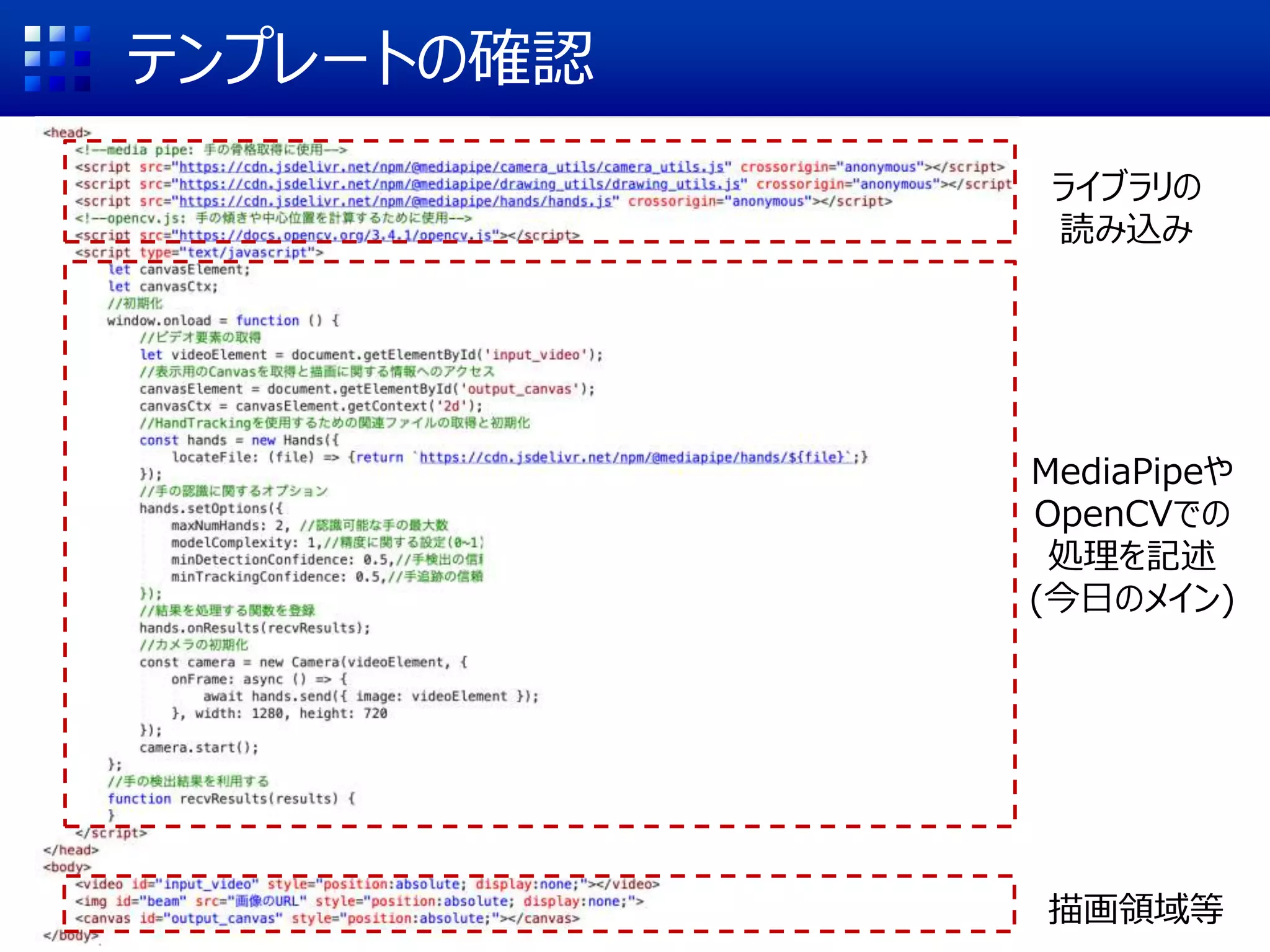 テンプレートの確認
ライブラリの
読み込み
MediaPipeや
OpenCVでの
処理を記述
(今日のメイン)
描画領域等
 