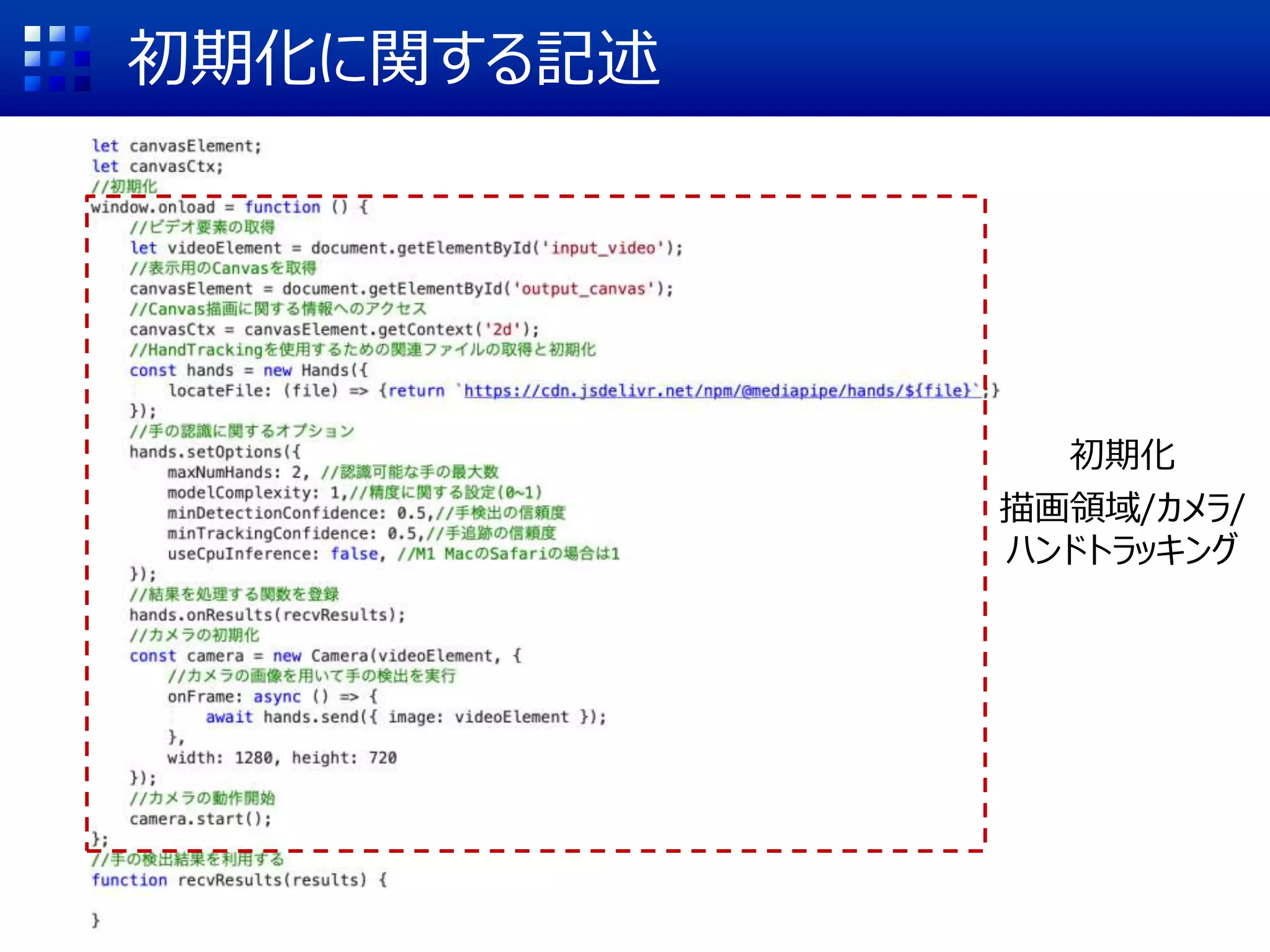 初期化に関する記述
初期化
描画領域/カメラ/
ハンドトラッキング
 