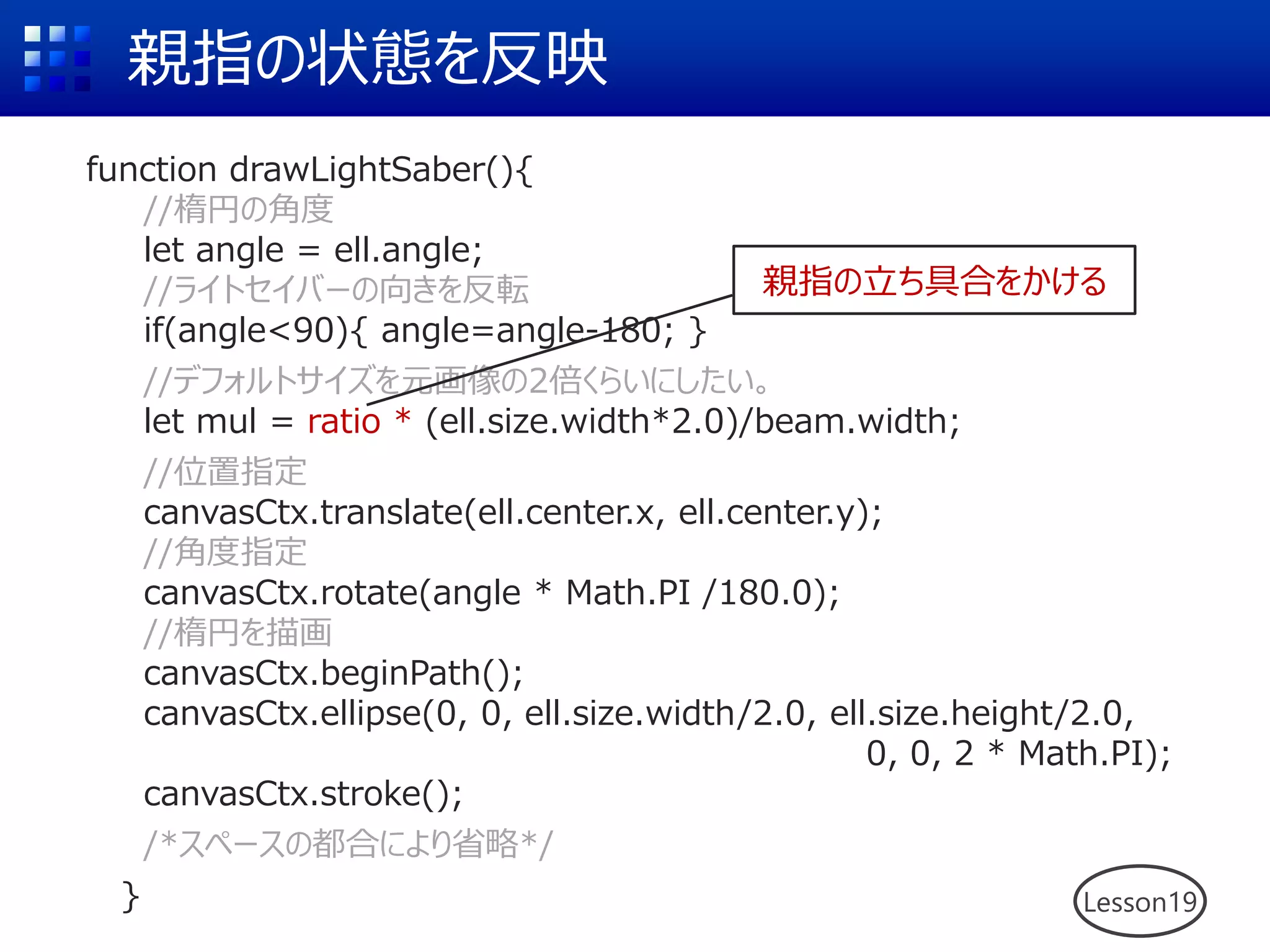 親指の状態を反映
Lesson19
function drawLightSaber(){
//楕円の角度
let angle = ell.angle;
//ライトセイバーの向きを反転
if(angle<90){ angle=angle-180; }
//デフォルトサイズを元画像の2倍くらいにしたい。
let mul = ratio * (ell.size.width*2.0)/beam.width;
//位置指定
canvasCtx.translate(ell.center.x, ell.center.y);
//角度指定
canvasCtx.rotate(angle * Math.PI /180.0);
//楕円を描画
canvasCtx.beginPath();
canvasCtx.ellipse(0, 0, ell.size.width/2.0, ell.size.height/2.0,
0, 0, 2 * Math.PI);
canvasCtx.stroke();
/*スペースの都合により省略*/
}
親指の立ち具合をかける
 