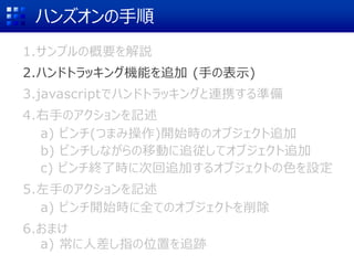 ハンズオンの手順
1.サンプルの概要を解説
2.ハンドトラッキング機能を追加 (手の表示)
3.javascriptでハンドトラッキングと連携する準備
4.右手のアクションを記述
a) ピンチ(つまみ操作)開始時のオブジェクト追加
b) ピンチしながらの移動に追従してオブジェクト追加
c) ピンチ終了時に次回追加するオブジェクトの色を設定
5.左手のアクションを記述
a) ピンチ開始時に全てのオブジェクトを削除
6.おまけ
a) 常に人差し指の位置を追跡
 