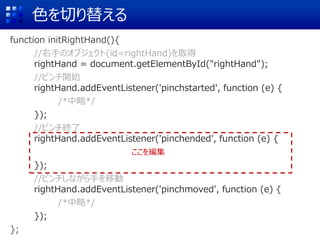 色を切り替える
function initRightHand(){
//右手のオブジェクト(id=rightHand)を取得
rightHand = document.getElementById("rightHand");
//ピンチ開始
rightHand.addEventListener('pinchstarted', function (e) {
/*中略*/
});
//ピンチ終了
rightHand.addEventListener('pinchended', function (e) {
});
//ピンチしながら手を移動
rightHand.addEventListener('pinchmoved', function (e) {
/*中略*/
});
};
ここを編集
 