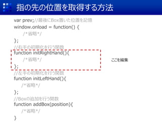 指の先の位置を取得する方法
var prev;//最後にBox置いた位置を記憶
window.onload = function() {
/*省略*/
};
//右手の初期化を行う関数
function initRightHand(){
/*省略*/
};
//左手の初期化を行う関数
function initLeftHand(){
/*省略*/
};
//Boxの追加を行う関数
function addBox(position){
/*省略*/
}
ここを編集
 