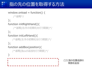 指の先の位置を取得する方法
window.onload = function() {
/*省略*/
};
function initRightHand(){
/*省略(右手の初期化を行う関数)*/
};
function initLeftHand(){
/*省略(左手の初期化を行う関数)*/
};
function addBox(position){
/*省略(Boxの追加を行う関数)*/
}
ここに指の位置追跡の
関数を追加
 