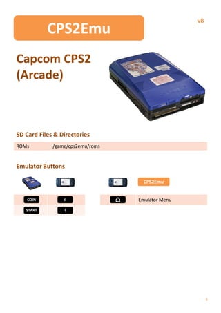v8
           CPS2Emu
Capcom CPS2
(Arcade)



SD Card Files & Directories
ROMs         /game/cps2emu/roms


Emulator Buttons

                                    CPS2Emu


   COIN          II               Emulator Menu
   START         I




                                                       4
 
