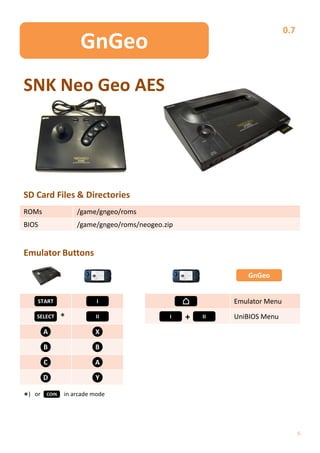 0.7
                      GnGeo
SNK Neo Geo AES




SD Card Files & Directories
ROMs                 /game/gngeo/roms
BIOS                 /game/gngeo/roms/neogeo.zip


Emulator Buttons

                                                               GnGeo


      START                 I                               Emulator Menu
     SELECT      *         II                  I   +   II   UniBIOS Menu

          A                X

          B                B

          C                A

          D                Y

*)   or   COIN   in arcade mode




                                                                                  6
 