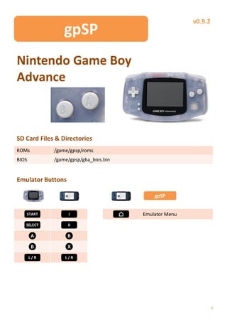 v0.9.2
                 gpSP
Nintendo Game Boy
Advance



SD Card Files & Directories
ROMs         /game/gpsp/roms
BIOS         /game/gpsp/gba_bios.bin


Emulator Buttons

                                           gpSP


   START           I                   Emulator Menu
   SELECT          II

       A           B

       B           X
       L/R       L/R




                                                                8
 
