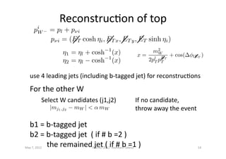 Reconstruc>on	
  of	
  top	
  
For	
  the	
  other	
  W	
  	
  	
  
Select	
  W	
  candidates	
  (j1,j2)	
  	
  
b1	
  =	
  b-­‐tagged	
  jet	
  	
  
b2	
  =	
  b-­‐tagged	
  jet	
  	
  (	
  if	
  #	
  b	
  =2	
  )	
  
	
  	
  	
  	
  	
  	
  	
  	
  	
  the	
  remained	
  jet	
  (	
  if	
  #	
  b	
  =1	
  )	
  
use	
  4	
  leading	
  jets	
  (including	
  b-­‐tagged	
  jet)	
  for	
  reconstruc>ons	
  	
  
If	
  no	
  candidate,	
  	
  
throw	
  away	
  the	
  event	
  
May	
  7,	
  2012	
   14	
  PHENO	
  2012:	
  Yoshitaro	
  Takesu	
  
 