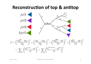 ReconstrucDon	
  of	
  top	
  &	
  anDtop	
  
May	
  7,	
  2012	
   PHENO	
  2012:	
  Yoshitaro	
  Takesu	
   15	
  
+
i=l,jets
pi,meas
T pi
T
2
i
2
+
j=x,y
pUE,meas
j pUE
l
2
j
2
 