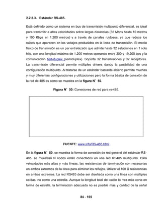 84 - 165
2.2.8.3. Estándar RS-485.
Está definido como un sistema en bus de transmisión multipunto diferencial, es ideal
para transmitir a altas velocidades sobre largas distancias (35 Mbps hasta 10 metros
y 100 Kbps en 1.200 metros) y a través de canales ruidosos, ya que reduce los
ruidos que aparecen en los voltajes producidos en la línea de transmisión. El medio
físico de transmisión es un par entrelazado que admite hasta 32 estaciones en 1 solo
hilo, con una longitud máxima de 1.200 metros operando entre 300 y 19.200 bps y la
comunicación half-duplex (semiduplex). Soporta 32 transmisiones y 32 receptores.
La transmisión diferencial permite múltiples drivers dando la posibilidad de una
configuración multipunto. Al tratarse de un estándar bastante abierto permite muchas
y muy diferentes configuraciones y utilizaciones pero la forma básica de conexión de
la red de 485 es como se muestra en la figura N˚ 50.
Figura N˚ 50: Conexiones de red para rs-485.
FUENTE: www.info/RS-485.html
En la figura N˚ 50, se muestra la forma de conexión de red general del estándar RS-
485, se muestran N nodos están conectados en una red RS485 multipunto. Para
velocidades más altas y más líneas, las resistencias de terminación son necesarias
en ambos extremos de la línea para eliminar los reflejos. Utilizar el 100 Ω resistencias
en ambos extremos. La red RS485 debe ser diseñada como una línea con múltiples
caídas, no como una estrella. Aunque la longitud total del cable tal vez más corta en
forma de estrella, la terminación adecuada no es posible más y calidad de la señal
 