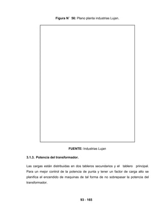 93 - 165
Figura N˚ 56: Plano planta industrias Lujan.
FUENTE: Industrias Lujan
3.1.3. Potencia del transformador.
Las cargas están distribuidas en dos tableros secundarios y el tablero principal.
Para un mejor control de la potencia de punta y tener un factor de carga alto se
planifica el encendido de maquinas de tal forma de no sobrepasar la potencia del
transformador.
 