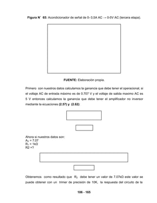 106 - 165
Figura N˚ 65: Acondicionador de señal de 0- 0,5A AC → 0-5V AC (tercera etapa).
FUENTE: Elaboración propia.
Primero con nuestros datos calculamos la ganancia que debe tener el operacional, si
el voltaje AC de entrada máximo es de 0.707 V y el voltaje de salida maximo AC es
5 V entonces calculamos la ganancia que debe tener el amplificador no inversor
mediante la ecuaciones (2.57) y (2.62):
Ahora si nuestros datos son:
AV = 7.07
R1 = 1kΩ
R2 =?
Obtenemos como resultado que R2 debe tener un valor de 7.07kΩ este valor se
puede obtener con un trimer de precisión de 10K, la respuesta del circuito de la
 