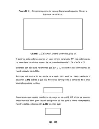 124 - 165
Figura N˚ 81: Aproximación recta de carga y descarga del capacitor filtro en la
fuente de rectificación.
FUENTE: C. J. SAVANT, Diseño Electrónico, pág. 57.
A partir de esto podemos darnos un valor mínimo para hallar ΔV, nos podemos dar
un valor de --- para hallar nuestro ΔV hacemos la diferencia 32.54 – 30.54 = 2V
Entonces con este dato ya tenemos que ΔV= 2 V, conocemos que la frecuencia de
nuestro circuito es de 50hz.
Entonces calculamos la frecuencia para medio ciclo será de 100hz mediante la
ecuación (2.84), debido a que esta frecuencia corresponde al semiciclo de la onda
sinoidal cuando se rectifica.
Conociendo que nuestra resistencia de carga es de 440.8 KΩ ahora ya tenemos
todos nuestros datos para calcular el capacitor de filtro para la fuente reemplazando
nuestros datos en la ecuación (2.96), tenemos que:
 