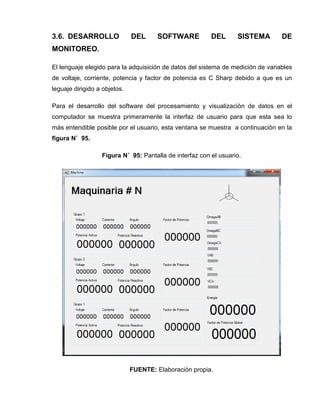 3.6. DESARROLLO DEL SOFTWARE DEL SISTEMA DE
MONITOREO.
El lenguaje elegido para la adquisición de datos del sistema de medición de variables
de voltaje, corriente, potencia y factor de potencia es C Sharp debido a que es un
leguaje dirigido a objetos.
Para el desarrollo del software del procesamiento y visualización de datos en el
computador se muestra primeramente la interfaz de usuario para que esta sea lo
más entendible posible por el usuario, esta ventana se muestra a continuación en la
figura N˚ 95.
Figura N˚ 95: Pantalla de interfaz con el usuario.
FUENTE: Elaboración propia.
 