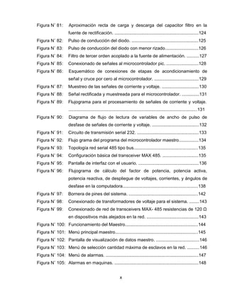 x
Figura N˚ 81: Aproximación recta de carga y descarga del capacitor filtro en la
fuente de rectificación. ....................................................................124
Figura N˚ 82: Pulso de conducción del diodo. ......................................................125
Figura N˚ 83: Pulso de conducción del diodo con menor rizado...........................126
Figura N˚ 84: Filtro de tercer orden acoplado a la fuente de alimentación. ..........127
Figura N˚ 85: Conexionado de señales al microcontrolador pic. ..........................128
Figura N˚ 86: Esquemático de conexiones de etapas de acondicionamiento de
señal y cruce por cero al microcontrolador. ....................................129
Figura N˚ 87: Muestreo de las señales de corriente y voltaje. ..............................130
Figura N˚ 88: Señal rectificada y muestreada para el microcontrolador. ..............131
Figura N˚ 89: Flujograma para el procesamiento de señales de corriente y voltaje.
........................................................................................................131
Figura N˚ 90: Diagrama de flujo de lectura de variables de ancho de pulso de
desfase de señales de corriente y voltaje. ......................................132
Figura N˚ 91: Circuito de transmisión serial 232. ..................................................133
Figura N˚ 92: Flujo grama del programa del microcontrolador maestro................134
Figura N˚ 93: Topología red serial 485 tipo bus....................................................135
Figura N˚ 94: Configuración básica del transceiver MAX 485. .............................135
Figura N˚ 95: Pantalla de interfaz con el usuario. .................................................136
Figura N˚ 96: Flujograma de cálculo del factor de potencia, potencia activa,
potencia reactiva, de despliegue de voltajes, corrientes, y ángulos de
desfase en la computadora.............................................................138
Figura N˚ 97: Bornera de pines del sistema. ........................................................142
Figura N˚ 98: Conexionado de transformadores de voltaje para el sistema. ........143
Figura N˚ 99: Conexionado de red de transceivers MAX- 485 resistencias de 120 Ω
en dispositivos más alejados en la red. ..........................................143
Figura N˚ 100: Funcionamiento del Maestro...........................................................144
Figura N˚ 101: Menú principal maestro...................................................................145
Figura N˚ 102: Pantalla de visualización de datos maestro. ...................................146
Figura N˚ 103: Menú de selección cantidad máxima de esclavos en la red. ..........146
Figura N˚ 104: Menú de alarmas. ...........................................................................147
Figura N˚ 105: Alarmas en maquinas. ....................................................................148
 