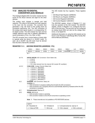 ©2001 Microchip Technology Inc. DS30292C-page 111
PIC16F87X
11.0 ANALOG-TO-DIGITAL
CONVERTER (A/D) MODULE
The Analog-to-Digital (A/D) Converter module has five
inputs for the 28-pin devices and eight for the other
devices.
The analog input charges a sample and hold
capacitor. The output of the sample and hold capacitor
is the input into the converter. The converter then
generates a dig- ital result of this analog level via
successive approxima- tion. The A/D conversion of
the analog input signal results in a corresponding 10-
bit digital number. The A/D module has high and low
voltage reference input that is software selectable to
some combination of VDD, VSS, RA2, or RA3.
The A/D converter has a unique feature of being able
to operate while the device is in SLEEP mode. To
oper- ate in SLEEP, the A/D clock must be derived
from the A/D’s internal RC oscillator.
The A/D module has four registers. These registers
are:
• A/D Result High Register (ADRESH)
• A/D Result Low Register (ADRESL)
• A/D Control Register0 (ADCON0)
• A/D Control Register1 (ADCON1)
The ADCON0 register, shown in Register 11-1, con-
trols the operation of the A/D module. The ADCON1
register, shown in Register 11-2, configures the func-
tions of the port pins. The port pins can be configured
as analog inputs (RA3 can also be the voltage refer-
ence), or as digital I/O.
Additional information on using the A/D module can be
found in the PICmicro™ Mid-Range MCU Family Ref-
erence Manual (DS33023).
REGISTER 11-1: ADCON0 REGISTER (ADDRESS: 1Fh)
R/W-0 R/W-0 R/W-0 R/W-0 R/W-0 R/W-0 U-0 R/W-0
ADCS1 ADCS0 CHS2 CHS1 CHS0 GO/DONE — ADON
bit 7 bit 0
bit 7-6 ADCS1:ADCS0: A/D Conversion Clock Select bits
00 = FOSC/2
01 = FOSC/8
10 = FOSC/32
11 = FRC (clock derived from the internal A/D module RC oscillator)
bit 5-3 CHS2:CHS0: Analog Channel Select bits
000 = channel 0, (RA0/AN0)
001 = channel 1, (RA1/AN1)
010 = channel 2, (RA2/AN2)
011 = channel 3, (RA3/AN3)
100 = channel 4, (RA5/AN4)
101 = channel 5, (RE0/AN5)(1)
110 = channel 6, (RE1/AN6)(1)
111 = channel 7, (RE2/AN7)(1)
bit 2 GO/DONE: A/D Conversion Status bit
If ADON = 1:
1 = A/D conversion in progress (setting this bit starts the A/D conversion)
0 = A/D conversion not in progress (this bit is automatically cleared by hardware when the A/D
conversion is complete)
bit 1 Unimplemented: Read as '0'
bit 0 ADON: A/D On bit
1 = A/D converter module is operating
0 = A/D converter module is shut-off and consumes no operating current
Note 1: These channels are not available on PIC16F873/876 devices.
Legend:
R = Readable bit W = Writable bit U = Unimplemented bit, read as ‘0’
- n = Value at POR ’1’ = Bit is set ’0’ = Bit is cleared x = Bit is unknown
 