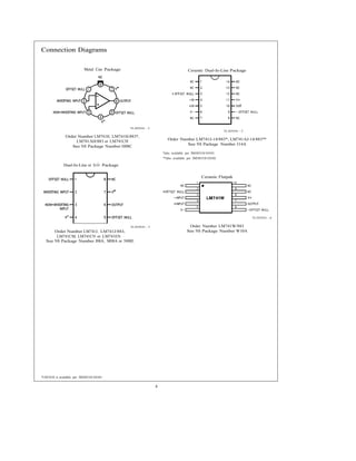 Connection Diagrams
Metal Can Package
TL/H/9341 – 2
Order Number LM741H, LM741H/883*,
LM741AH/883 or LM741CH
See NS Package Number H08C
Dual-In-Line or S.O. Package
Ceramic Dual-In-Line Package
TL/H/9341 – 5
Order Number LM741J-14/883*, LM741AJ-14/883**
See NS Package Number J14A
*also available per JM38510/10101
**also available per JM38510/10102
Ceramic Flatpak
TL/H/9341 – 6
Order Number LM741J, LM741J/883,
LM741CM, LM741CN or LM741EN
TL/H/9341 – 3 Order Number LM741W/883
See NS Package Number W10A
See NS Package Number J08A, M08A or N08E
*LM741H is available per JM38510/10101
4
 