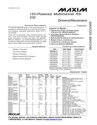 For pricing, delivery, and ordering information, please contact Maxim/Dallas Direct! at
1-888-629-4642, or visit Maxim’s website at www.maxim-ic.com.
PART TEMP RANGE PIN-PACKAGE
MAX220CPE 0°C to +70°C 16 Plastic DIP
MAX220CSE 0°C to +70°C 16 Narrow SO
MAX220CWE 0°C to +70°C 16 Wide SO
MAX220C/D 0°C to +70°C Dice*
MAX220EPE -40°C to +85°C 16 Plastic DIP
MAX220ESE -40°C to +85°C 16 Narrow SO
MAX220EWE -40°C to +85°C 16 Wide SO
MAX220EJE -40°C to +85°C 16 CERDIP
MAX220MJE -55°C to +125°C 16 CERDIP
MAX220–MAX249
19-4323; Rev 11; 2/03
+5V-Powered, Multichannel RS-
232
Drivers/Receivers
General Description
The MAX220–MAX249 family of line drivers/receivers is
intended for all EIA/TIA-232E and V.28/V.24 communica-
tions interfaces, particularly applications where ±12V is
not available.
These parts are especially useful in battery-powered sys-
tems, since their low-power shutdown mode reduces
power dissipation to less than 5µW. The MAX225,
MAX233, MAX235, and MAX245/MAX246/MAX247 use
no external components and are recommended for appli-
cations where printed circuit board space is critical.
Applications
Portable Computers
Low-Power Modems
Interface Translation
Battery-Powered RS-232 Systems
Multidrop RS-232 Networks
Features
Superior to Bipolar
♦ Operate from Single +5V Power Supply
(+5V and +12V—MAX231/MAX239)
♦ Low-Power Receive Mode in Shutdown
(MAX223/MAX242)
♦ Meet All EIA/TIA-232E and V.28 Specifications
♦ Multiple Drivers and Receivers
♦ 3-State Driver and Receiver Outputs
♦ Open-Line Detection (MAX243)
Ordering Information
Ordering Information continued at end of data sheet.
*Contact factory for dice specifications.
Selection Table
Part
Number
Power
Supply
(V)
No. of
RS-232
Drivers/Rx
No. of
Ext. Caps
Nominal
Cap. Value
(µF)
SHDN
& Three-
State
Rx
Active in
SHDN
Data Rate
(kbps) Features
MAX220 +5 2/2 4 0.1 No — 120 Ultra-low-power, industry-standard pinout
MAX222 +5 2/2 4 0.1 Yes — 200 Low-power shutdown
MAX223 (MAX213) +5 4/5 4 1.0 (0.1) Yes ✔ 120 MAX241 and receivers active in shutdown
MAX225 +5 5/5 0 — Yes ✔ 120 Available in SO
MAX230 (MAX200) +5 5/0 4 1.0 (0.1) Yes — 120 5 drivers with shutdown
MAX231 (MAX201) +5 and 2/2 2 1.0 (0.1) No — 120 Standard +5/+12V or battery supplies;
+7.5 to +13.2 same functions as MAX232
MAX232 (MAX202) +5 2/2 4 1.0 (0.1) No — 120 (64) Industry standard
MAX232A +5 2/2 4 0.1 No — 200 Higher slew rate, small caps
MAX233 (MAX203) +5 2/2 0 — No — 120 No external caps
MAX233A +5 2/2 0 — No — 200 No external caps, high slew rate
MAX234 (MAX204) +5 4/0 4 1.0 (0.1) No — 120 Replaces 1488
MAX235 (MAX205) +5 5/5 0 — Yes — 120 No external caps
MAX236 (MAX206) +5 4/3 4 1.0 (0.1) Yes — 120 Shutdown, three state
MAX237 (MAX207) +5 5/3 4 1.0 (0.1) No — 120 Complements IBM PC serial port
MAX238 (MAX208) +5 4/4 4 1.0 (0.1) No — 120 Replaces 1488 and 1489
MAX239 (MAX209) +5 and 3/5 2 1.0 (0.1) No — 120 Standard +5/+12V or battery supplies;
+7.5 to +13.2 single-package solution for IBM PC serial port
MAX240 +5 5/5 4 1.0 Yes — 120 DIP or flatpack package
MAX241 (MAX211) +5 4/5 4 1.0 (0.1) Yes — 120 Complete IBM PC serial port
MAX242 +5 2/2 4 0.1 Yes ✔ 200 Separate shutdown and enable
MAX243 +5 2/2 4 0.1 No — 200 Open-line detection simplifies cabling
MAX244 +5 8/10 4 1.0 No — 120 High slew rate
MAX245 +5 8/10 0 — Yes ✔ 120 High slew rate, int. caps, two shutdown modes
MAX246 +5 8/10 0 — Yes ✔ 120 High slew rate, int. caps, three shutdown modes
MAX247 +5 8/9 0 — Yes ✔ 120 High slew rate, int. caps, nine operating modes
MAX248 +5 8/8 4 1.0 Yes ✔ 120 High slew rate, selective half-chip enables
MAX249 +5 6/10 4 1.0 Yes ✔ 120 Available in quad flatpack package
 