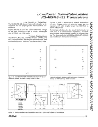 13
MAX481/MAX483/MAX485/MAX487–MAX491/MAX1487
Low-Power, Slew-Rate-Limited
RS-485/RS-422 Transceivers
Line Length vs. Data Rate
The RS-485/RS-422 standard covers line lengths up to
4000 feet. For line lengths greater than 4000 feet, see
Figure 23.
Figures 19 and 20 show the system differential voltage
for the parts driving 4000 feet of 26AWG twisted-pair
wire at 110kHz into 120Ω loads.
Typical Applications
The MAX481, MAX483, MAX485, MAX487–MAX491, and
MAX1487 transceivers are designed for bidirectional data
communications on multipoint bus transmission lines.
Figures 21 and 22 show typical network applications
circuits. These parts can also be used as line
repeaters, with cable lengths longer than 4000 feet, as
shown in Figure 23.
To minimize reflections, the line should be terminated at
both ends in its characteristic impedance, and stub
lengths off the main line should be kept as short as possi-
ble. The slew-rate-limited MAX483 and MAX487–MAX489
are more tolerant of imperfect termination.
DI
VY-VZ
RO
5V
0V
1V
0V
-1V
5V
0V
DI
VY-VZ
RO
5V
0V
1V
0V
-1V
5V
0V
2µs/div 2µs/div
Figure 19. MAX481/MAX485/MAX490/MAX491/MAX1487 System
Differential Voltage at 110kHz Driving 4000ft of Cable
Figure 20. MAX483, MAX487–MAX489 System Differential
Voltage at 110kHz Driving 4000ft of Cable
120Ω 120Ω
B B
DE
DI
D D
DI
DE
A B A
RO R
RE
B A A
R RO
RE
R R
MAX481 D D
MAX483
MAX485
MAX487
MAX1487
DI DE RO RE DI DE RO RE
Figure 21. MAX481/MAX483/MAX485/MAX487/MAX1487 Typical Half-Duplex RS-485 Network
 