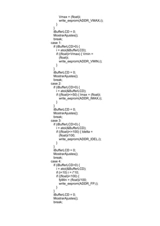 Vmax = (float)i;
write_eeprom(ADDR_VMAX,i);
}
}
iBufferLCD = 0;
MostrarAjustes();
break;
case 1:
if (iBufferLCD>0) {
i = atoi(&BufferLCD);
if ((float)i<Vmax) { Vmin =
(float)i;
write_eeprom(ADDR_VMIN,i);
}
}
iBufferLCD = 0;
MostrarAjustes();
break;
case 2:
if (iBufferLCD>0) {
i = atoi(&BufferLCD);
if ((float)i<=50) { Imax = (float)i;
write_eeprom(ADDR_IMAX,i);
}
}
iBufferLCD = 0;
MostrarAjustes();
break;
case 3:
if (iBufferLCD>0) {
i = atoi(&BufferLCD);
if ((float)i<=100) { Idelta =
(float)i/100;
write_eeprom(ADDR_IDEL,i);
}
}
iBufferLCD = 0;
MostrarAjustes();
break;
case 4:
if (iBufferLCD>0) {
i = atoi(&BufferLCD);
if (i<10) i = i*10;
if ((float)i<100) {
fpMin = (float)i/100;
write_eeprom(ADDR_FP,i);
}
}
iBufferLCD = 0;
MostrarAjustes();
break;
 