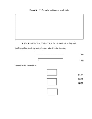 Figura N˚ 12: Conexión en triangulo equilibrado.
FUENTE: JOSEPH A. EDMINISTER, Circuitos eléctricos, Pág.196.
Las 3 impedancias de carga son iguales y los ángulos también:
(2.25)
(2.26)
Las corrientes de fase son:
(2.27)
(2.28)
(2.29)
 