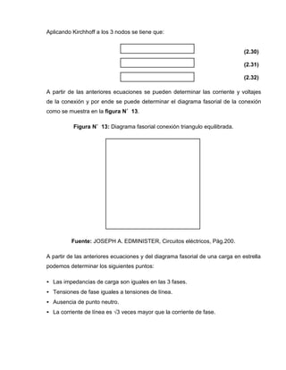 Aplicando Kirchhoff a los 3 nodos se tiene que:
(2.30)
(2.31)
(2.32)
A partir de las anteriores ecuaciones se pueden determinar las corriente y voltajes
de la conexión y por ende se puede determinar el diagrama fasorial de la conexión
como se muestra en la figura N˚ 13.
Figura N˚ 13: Diagrama fasorial conexión triangulo equilibrada.
Fuente: JOSEPH A. EDMINISTER, Circuitos eléctricos, Pág.200.
A partir de las anteriores ecuaciones y del diagrama fasorial de una carga en estrella
podemos determinar los siguientes puntos:
• Las impedancias de carga son iguales en las 3 fases.
• Tensiones de fase iguales a tensiones de línea.
• Ausencia de punto neutro.
• La corriente de línea es √3 veces mayor que la corriente de fase.
 