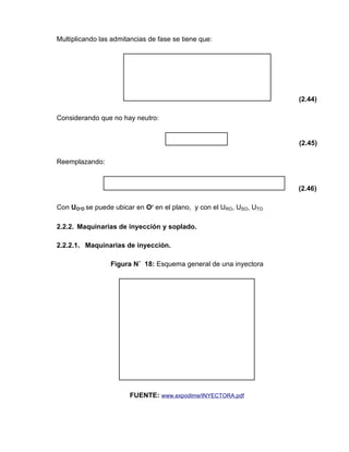 Multiplicando las admitancias de fase se tiene que:
(2.44)
Considerando que no hay neutro:
(2.45)
Reemplazando:
(2.46)
Con UOʹO se puede ubicar en Oʹ en el plano, y con el URO, USO, UTO
2.2.2. Maquinarias de inyección y soplado.
2.2.2.1. Maquinarias de inyección.
Figura N˚ 18: Esquema general de una inyectora
FUENTE: www.expodime/INYECTORA.pdf
 