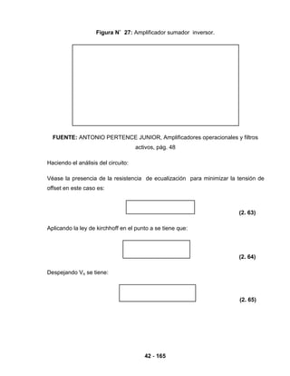 42 - 165
Figura N˚ 27: Amplificador sumador inversor.
FUENTE: ANTONIO PERTENCE JUNIOR, Amplificadores operacionales y filtros
activos, pág. 48
Haciendo el análisis del circuito:
Véase la presencia de la resistencia de ecualización para minimizar la tensión de
offset en este caso es:
(2. 63)
Aplicando la ley de kirchhoff en el punto a se tiene que:
(2. 64)
Despejando Vo se tiene:
(2. 65)
 