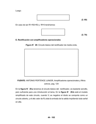 44 - 165
Luego:
(2. 69)
En caso de ser R1=R2=R3 y Rf=0 tendríamos:
(2. 70)
E. Rectificación con amplificadores operacionales
Figura N˚ 29: Circuito básico del rectificador de media onda.
FUENTE: ANTONIO PERTENCE JUNIOR, Amplificadores operacionales y filtros
activos, pag. 124
En la figura N˚ 29.a tenemos el circuito básico del rectificador, es bastante sencillo,
pero suficiente para una introducción al tema, En la figura N˚ 29.b está el modelo
simplificado de este circuito, cuando Vi es negativo el diodo se comporta como un
circuito abierto, y el alto valor de Ri aísla la entrada de la salida impidiendo toda señal
en ella.
 