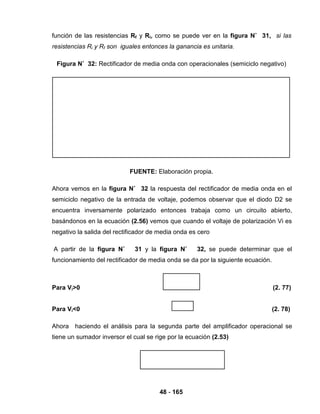 48 - 165
función de las resistencias Rf y Ri, como se puede ver en la figura N˚ 31, si las
resistencias Ri y Rf son iguales entonces la ganancia es unitaria.
Figura N˚ 32: Rectificador de media onda con operacionales (semiciclo negativo)
FUENTE: Elaboración propia.
Ahora vemos en la figura N˚ 32 la respuesta del rectificador de media onda en el
semiciclo negativo de la entrada de voltaje, podemos observar que el diodo D2 se
encuentra inversamente polarizado entonces trabaja como un circuito abierto,
basándonos en la ecuación (2.56) vemos que cuando el voltaje de polarización Vi es
negativo la salida del rectificador de media onda es cero
A partir de la figura N˚ 31 y la figura N˚ 32, se puede determinar que el
funcionamiento del rectificador de media onda se da por la siguiente ecuación.
Para Vi>0 (2. 77)
Para Vi<0 (2. 78)
Ahora haciendo el análisis para la segunda parte del amplificador operacional se
tiene un sumador inversor el cual se rige por la ecuación (2.53)
 