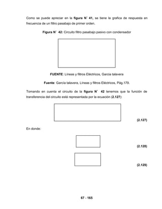 67 - 165
Como se puede apreciar en la figura N˚ 41, se tiene la grafica de respuesta en
frecuencia de un filtro pasabajo de primer orden.
Figura N˚ 42: Circuito filtro pasabajo pasivo con condensador
FUENTE: Líneas y filtros Eléctricos, Garcia talavera
Fuente: García talavera, Líneas y filtros Eléctricos, Pág.179.
Tomando en cuenta el circuito de la figura N˚ 42 tenemos que la función de
transferencia del circuito está representada por la ecuación (2.127):
(2.127)
En donde:
(2.128)
(2.129)
 