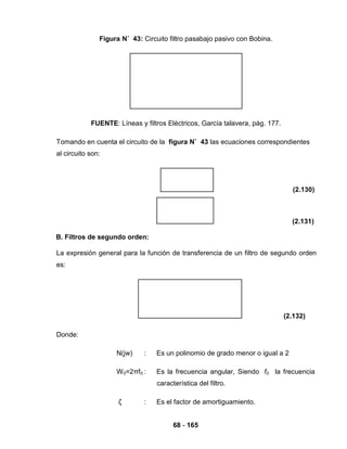 68 - 165
Figura N˚ 43: Circuito filtro pasabajo pasivo con Bobina.
FUENTE: Líneas y filtros Eléctricos, García talavera, pág. 177.
Tomando en cuenta el circuito de la figura N˚ 43 las ecuaciones correspondientes
al circuito son:
(2.130)
(2.131)
B. Filtros de segundo orden:
La expresión general para la función de transferencia de un filtro de segundo orden
es:
(2.132)
Donde:
N(jw) : Es un polinomio de grado menor o igual a 2
W0=2πf0 : Es la frecuencia angular, Siendo f0 la frecuencia
característica del filtro.
ζ : Es el factor de amortiguamiento.
 