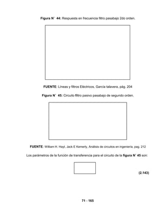 71 - 165
Figura N˚ 44: Respuesta en frecuencia filtro pasabajo 2do orden.
FUENTE: Líneas y filtros Eléctricos, García talavera, pág. 204
Figura N˚ 45: Circuito filtro pasivo pasabajo de segundo orden.
FUENTE: William H. Hayt, Jack E Kemerly, Análisis de circuitos en ingeniería, pag. 212
Los parámetros de la función de transferencia para el circuito de la figura N˚ 45 son:
(2.143)
 
